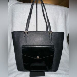 NWT Michael Kors Purse Saffiano Pateat Leather Jet Set LG Pocket Tote In Black